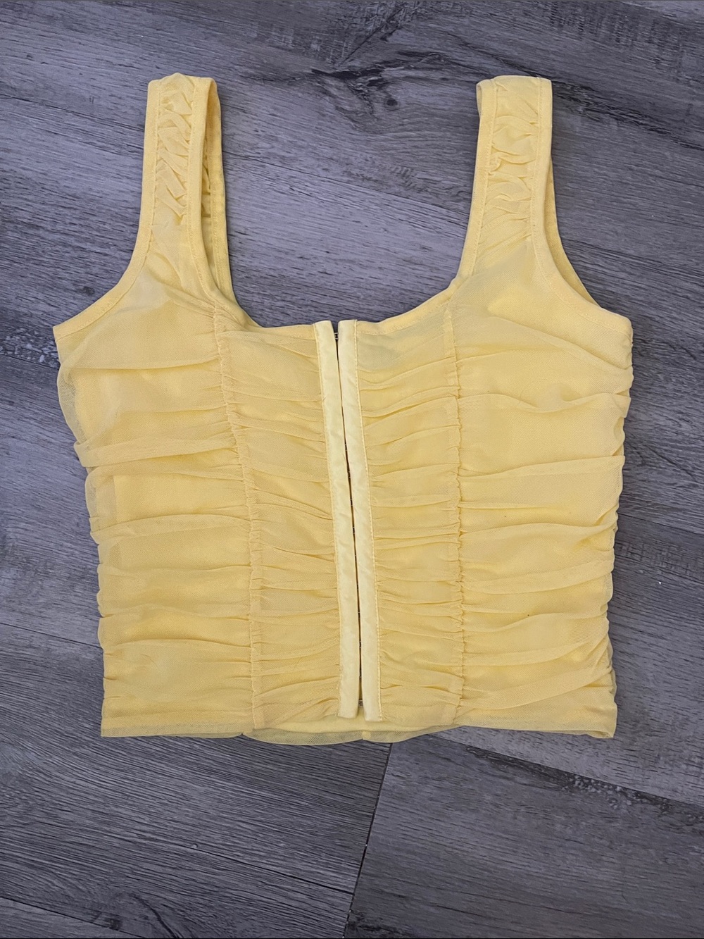 Shinestar Yellow Ruched Sheer Crop Tank